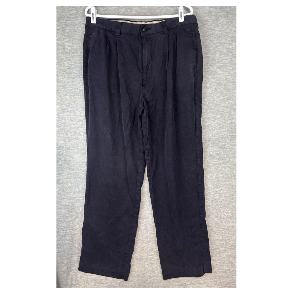 Tommy Bahama Mens 35x29 Navy Blue 100% Silk Pleated Front Relaxed Trousers Pants